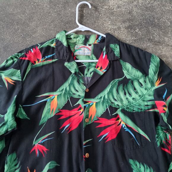 Vintage Paradise Found Hawaiian Camp Shirt Mens L Black Floral Cotton 90s USA - Picture 2 of 7